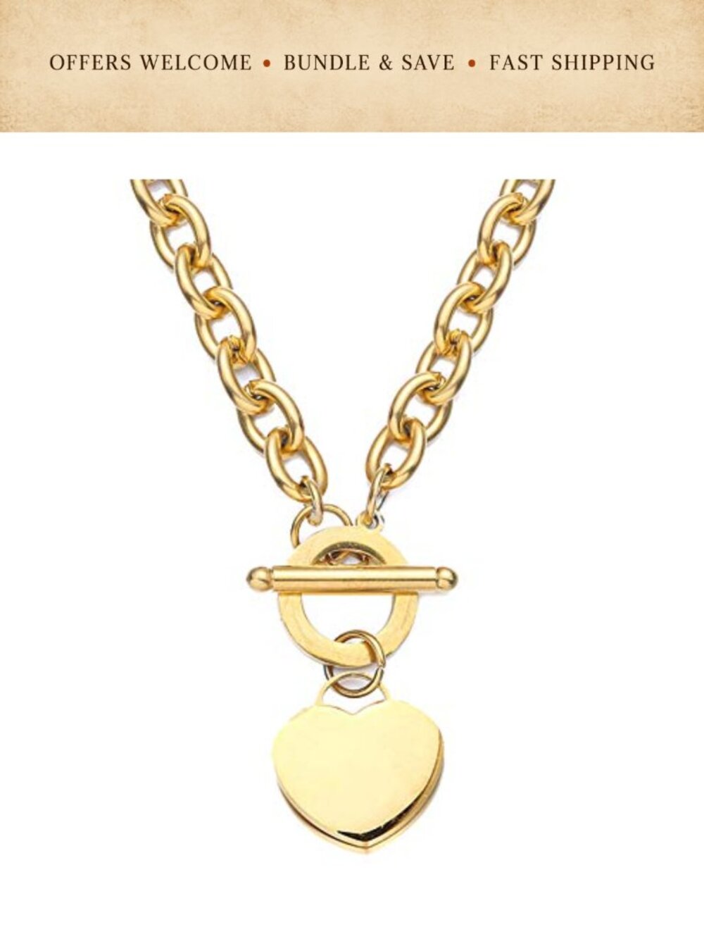 18K IP Gold Plated Stainless Steel Heart Charm Choker Toggle Clasp Necklace